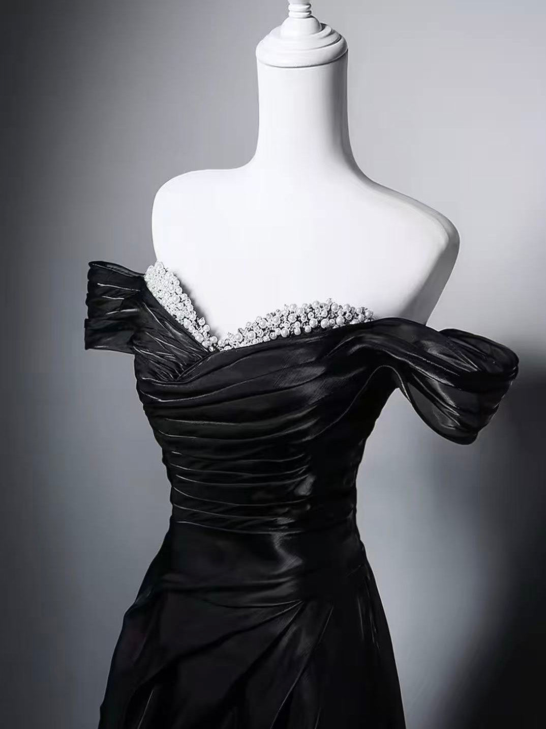 A-line Off Shoulder Black Long Prom Dress with Beads