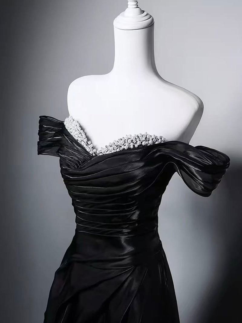 A-line Off Shoulder Black Long Prom Dress with Beads – shopluu