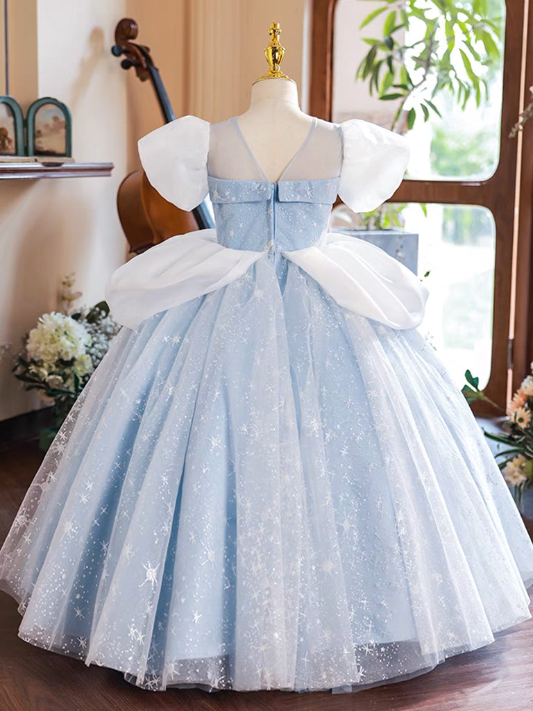 A-Line Puff Sleeves Tulle Lace Blue Long Flower Girl Dress
