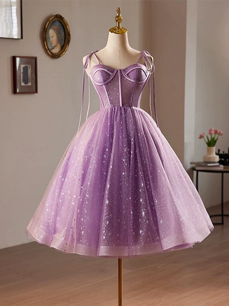 Purple Tulle A-Line Knee Length Party Dress, Lovely Spaghetti Strap Evening Prom Dress US 16 / Purple Purple Tulle A-Line Knee Length Party Dress, Lovely Spaghetti Strap Evening Prom Dress US 16 / Purple
