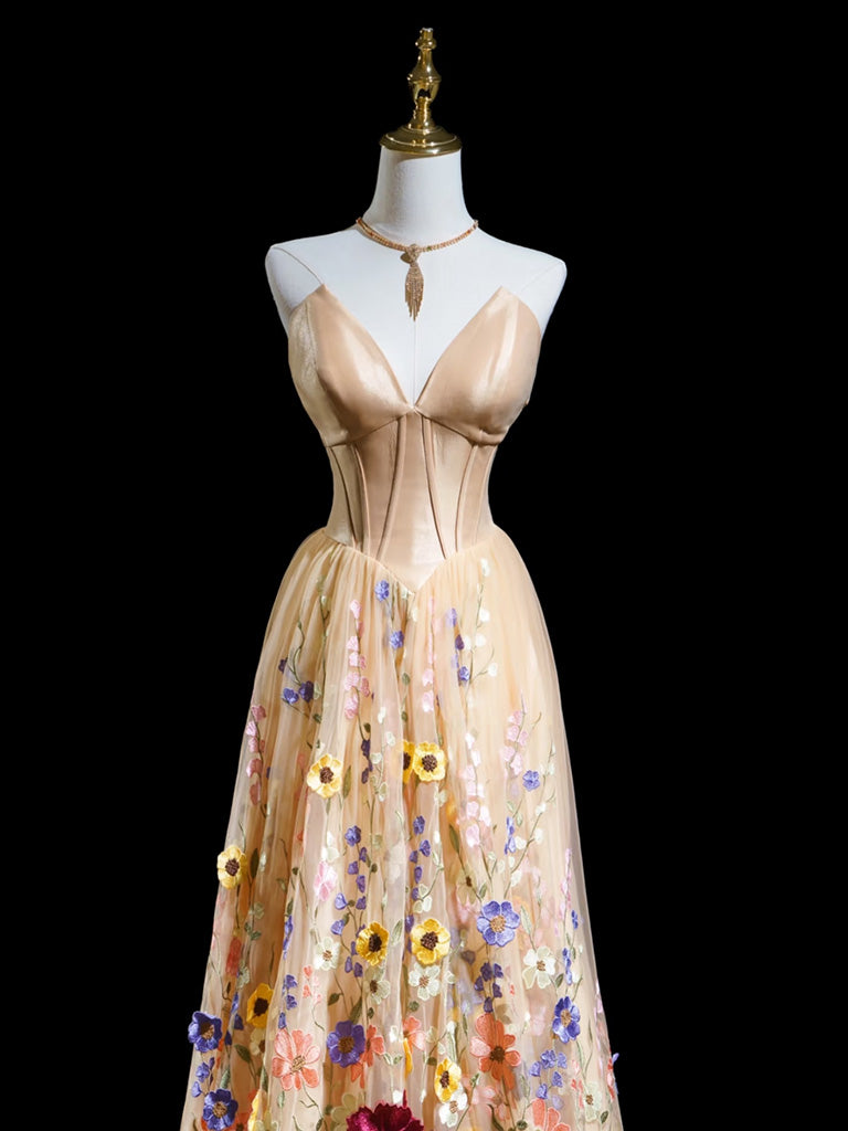 A-Line V Neck Tulle Lace Champagne Long Prom Dress, Champagne Formal Dress
