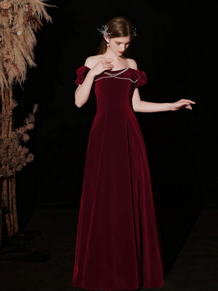 Simple A-Line Velvet Floor Length Burgundy Prom Dress with Beads