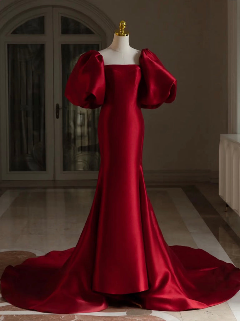 Burgundy Puff Sleeves Satin Burgundy Long Prom Dress, Burgundy Long Ev shopluu Burgundy Puff Sleeves Satin Burgundy Long Prom Dress, Burgundy Long Ev shopluu