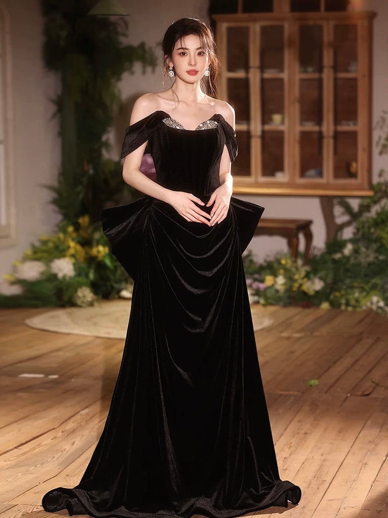 A-Line Off Shoulder velvet Black Long Prom Dress, Black Long Party Dress Custom Size / Black A-Line Off Shoulder velvet Black Long Prom Dress, Black Long Party Dress Custom Size / Black