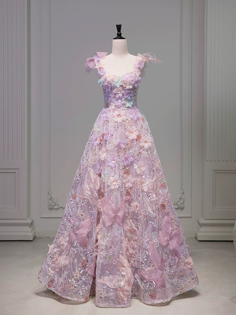 A-Line Tulle Lace 3D Flowers Pink Long Prom Dress, Pink Long Evening D shopluu A-Line Tulle Lace 3D Flowers Pink Long Prom Dress, Pink Long Evening D shopluu