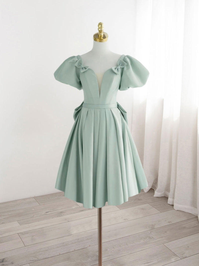 A-Line Green Puffy Sleeve Short Prom Dress, Green Formal Dress shopluu A-Line Green Puffy Sleeve Short Prom Dress, Green Formal Dress shopluu