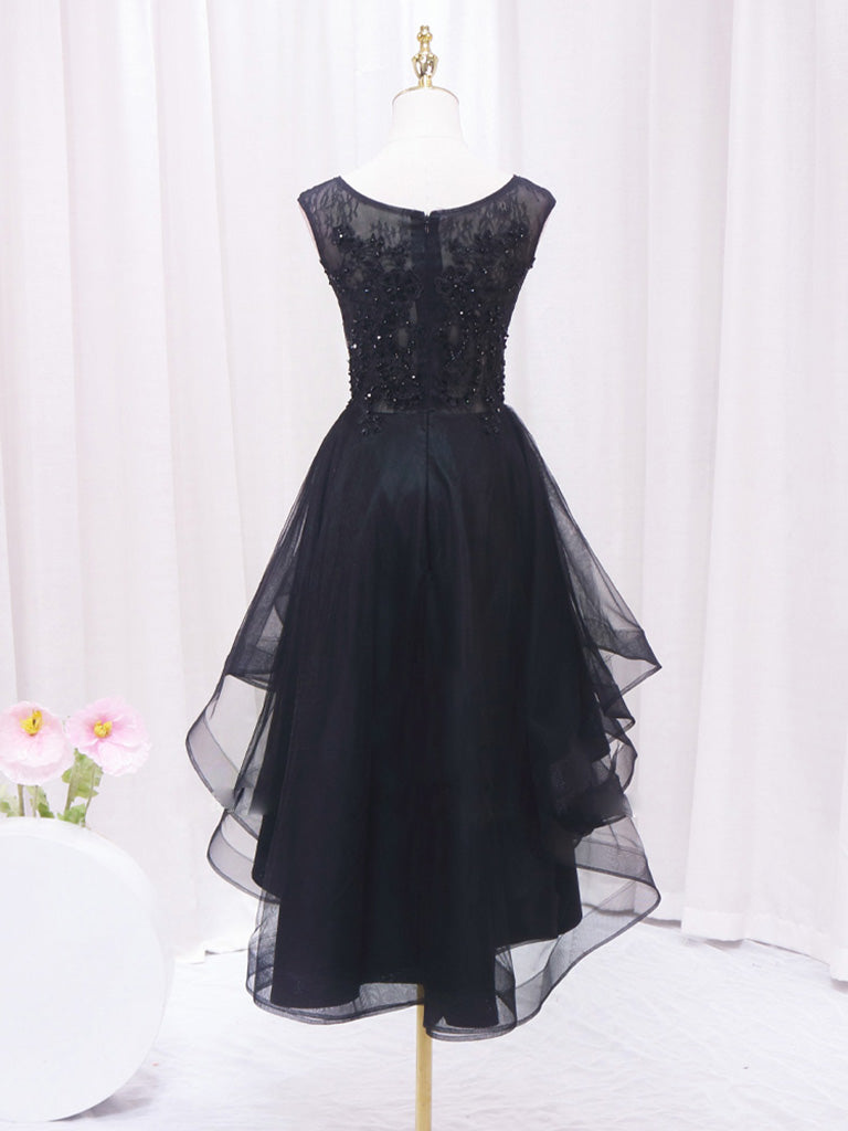 A-Line Lace Tulle Black Short Prom Dress, High Low Black
