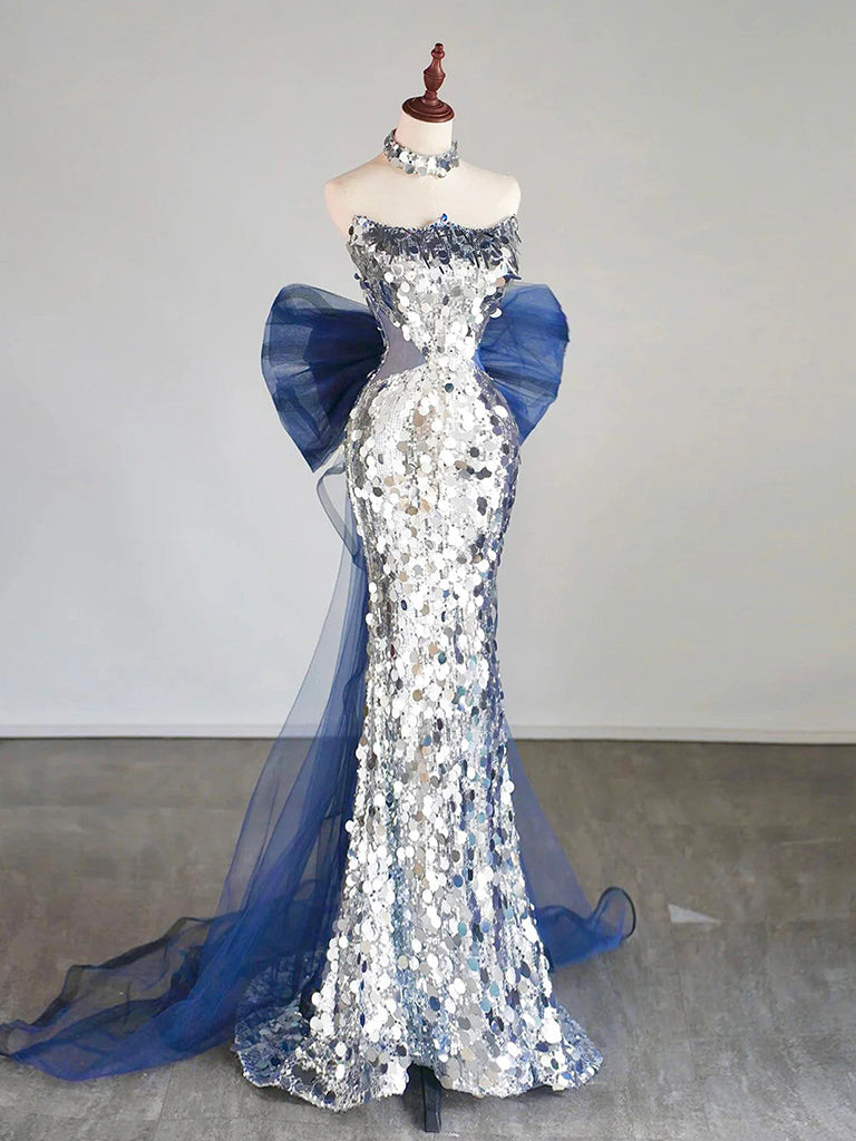Simple Mermaid Tulle Sequin Blue/Silver Long Prom Dress, Blue/Silver L – shopluu
