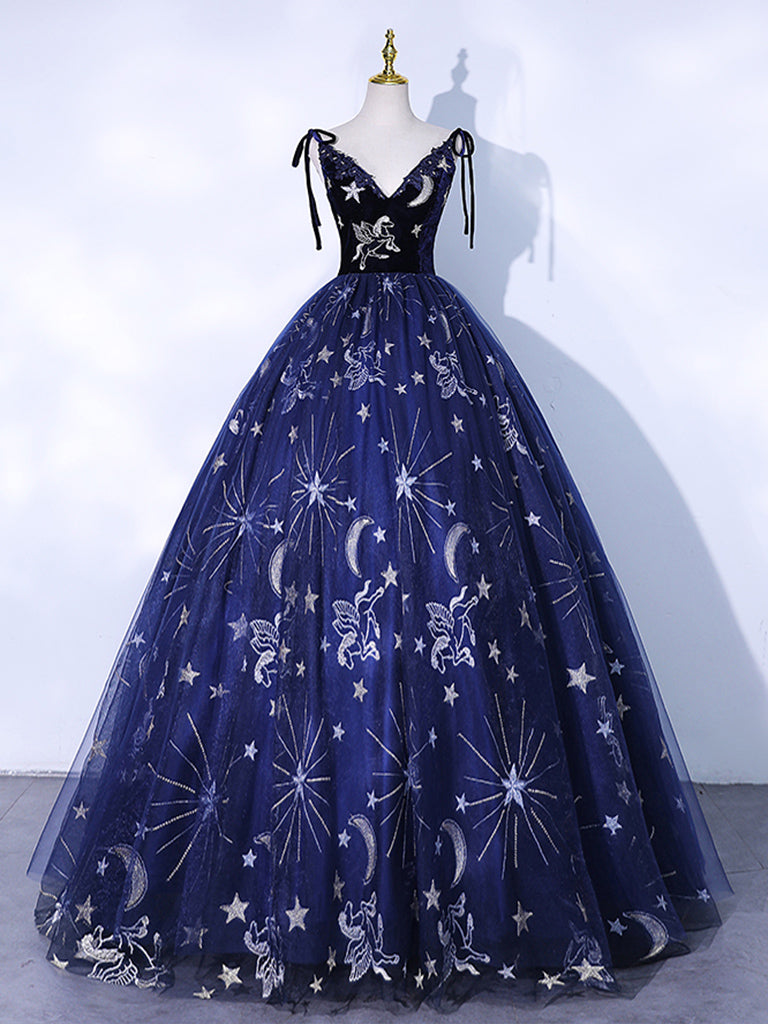 Navy Blue Tulle Long Prom Dress, Spaghetti Straps Lace Flower Backless Evening Dress US 6 / Blue Navy Blue Tulle Long Prom Dress, Spaghetti Straps Lace Flower Backless Evening Dress US 6 / Blue