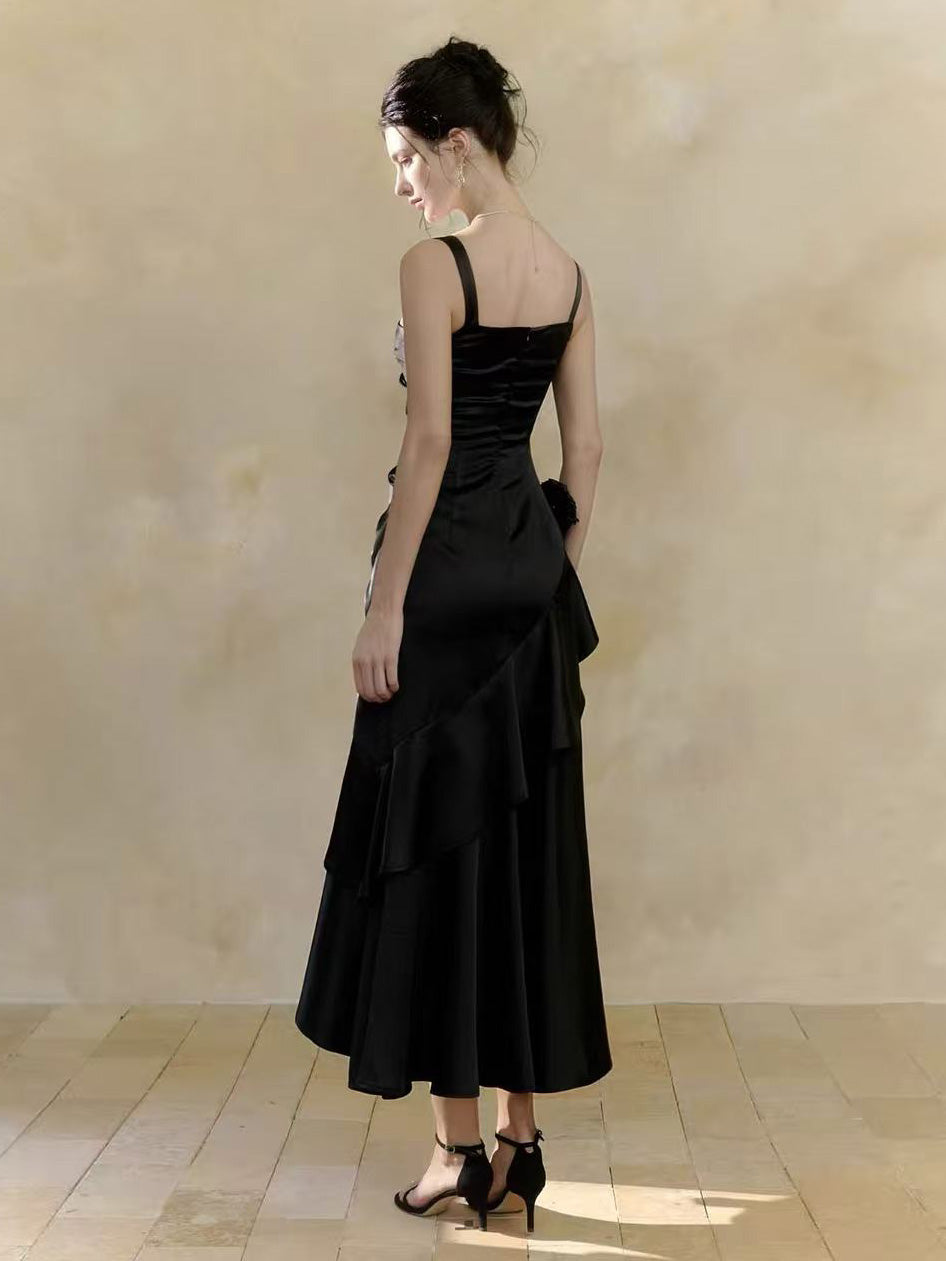 Simple Mermaid Satin Tea Length Black Prom Dress, Black Evening Dress