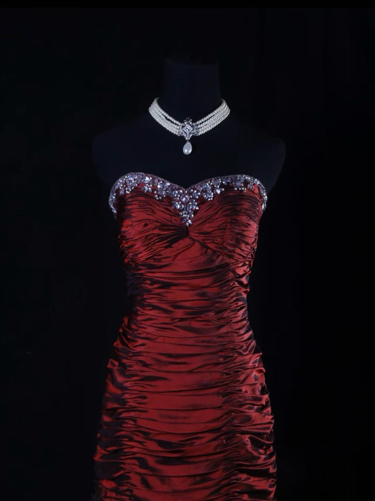 Mermaid Sweetheart Neck Taffeta Ruffles Burgundy Long Prom Dress with Beads
