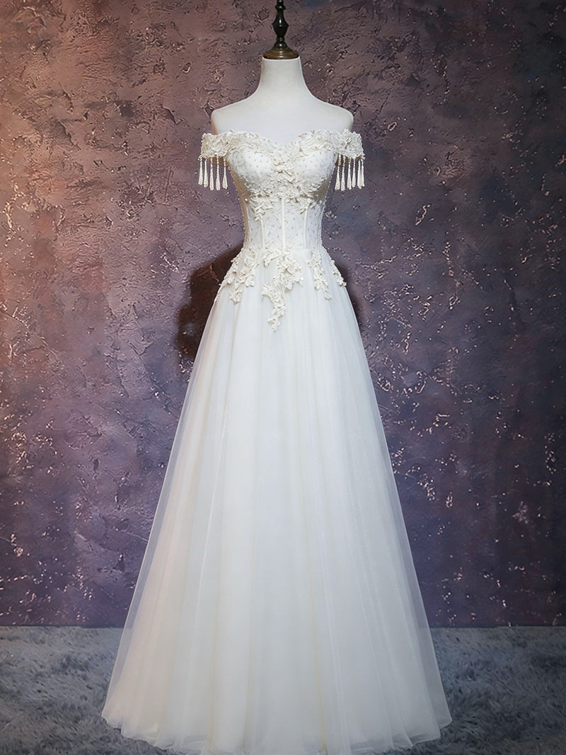 A-line Sweetheart Off Shoulder Tulle Lace Beige Long Prom Dress with B – shopluu