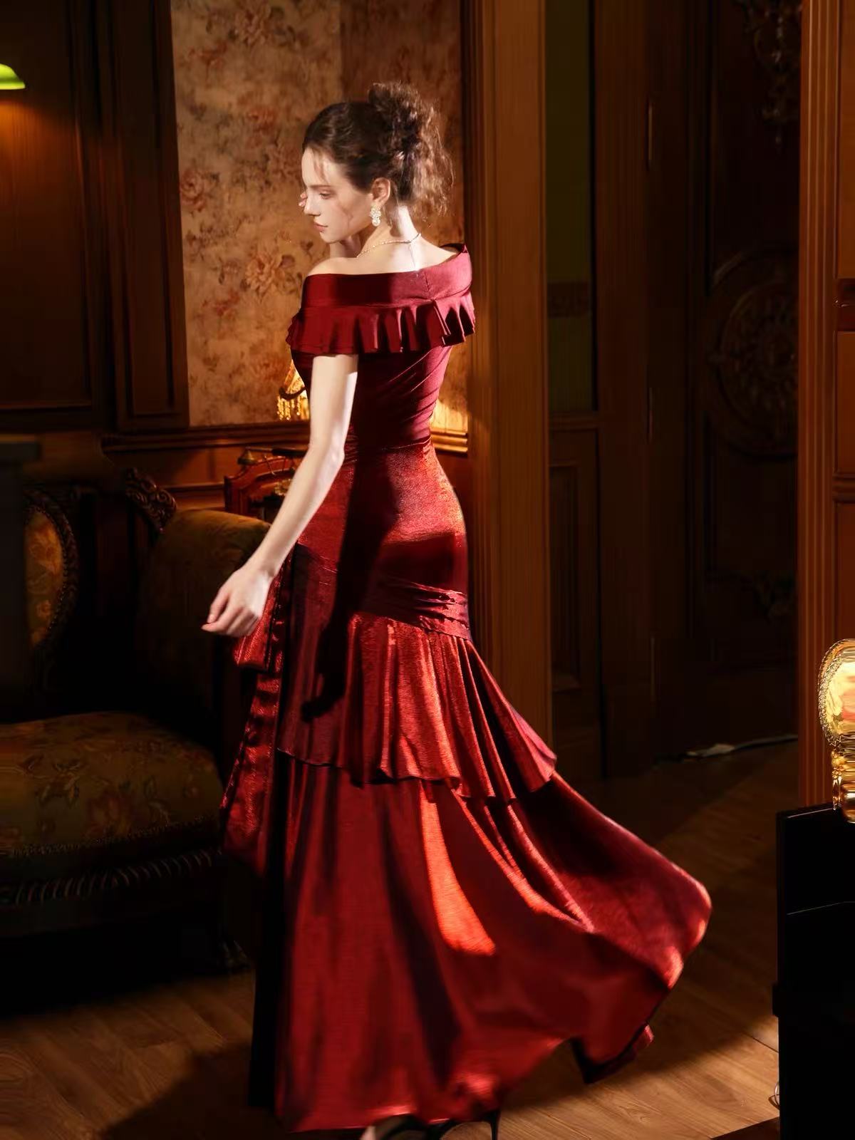 Mermaid Off Shoulder Silk Burgundy Long Formal Dress with Ruffles