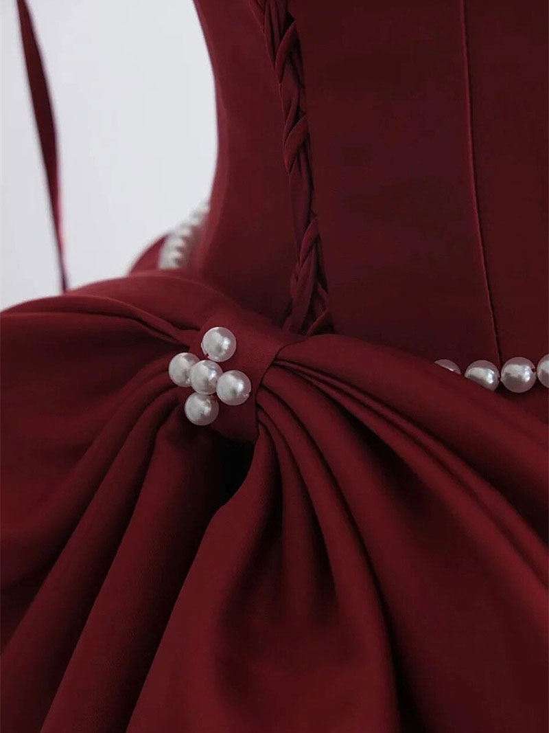 A-Line Floor Length Satin Burgundy Long Prom Dress with Beads