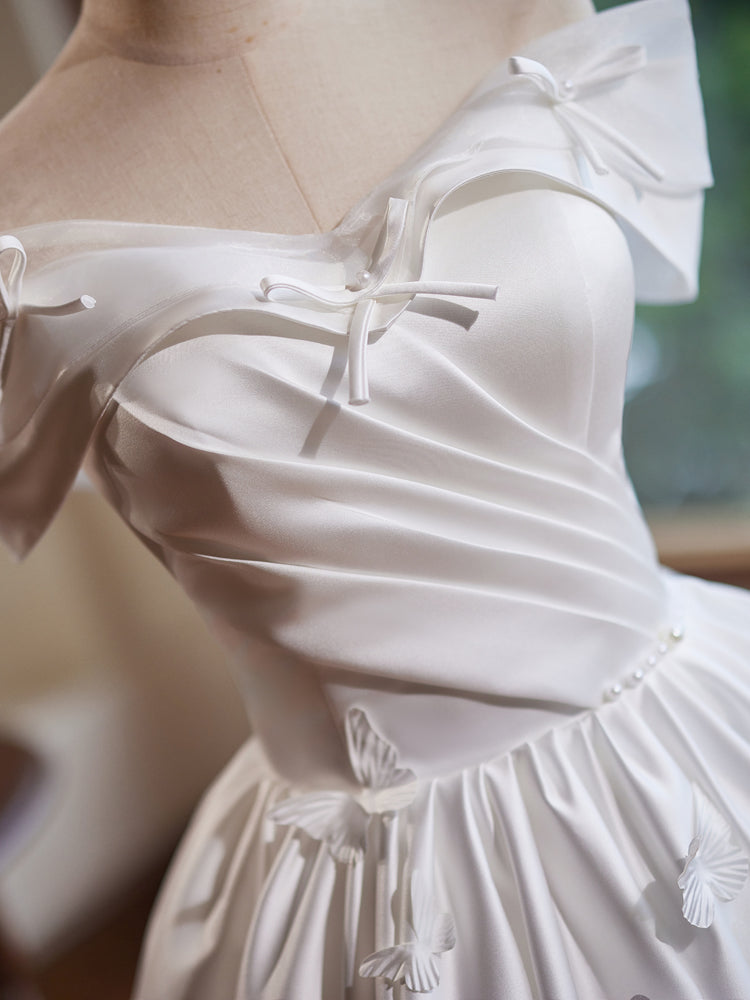 Off Shoulder A-Line Satin White Short Prom Dress with Butterfly Applique US 6 / Custom Color Off Shoulder A-Line Satin White Short Prom Dress with Butterfly Applique US 6 / Custom Color