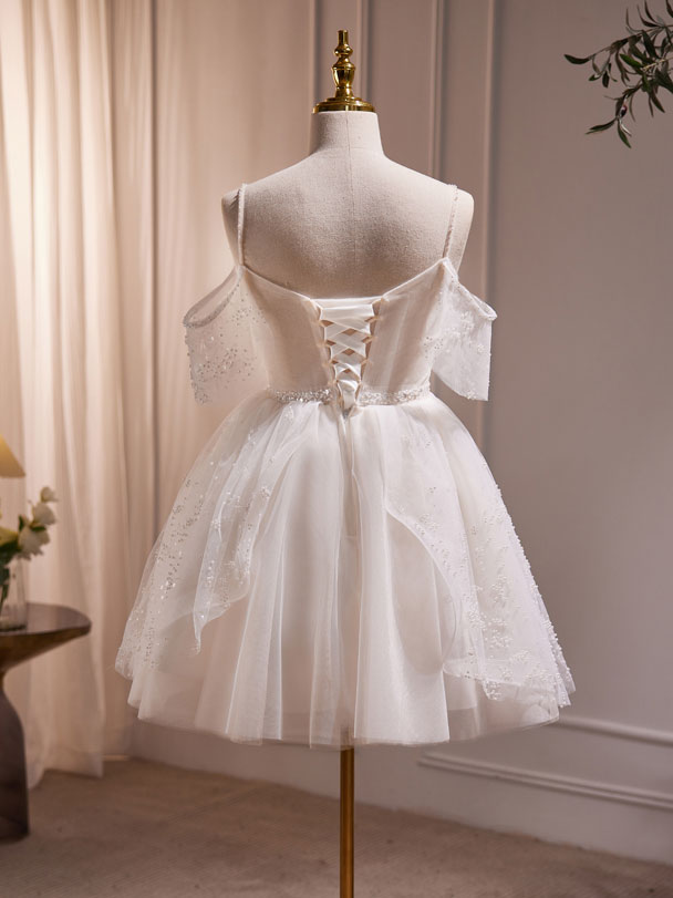 beige wedding dress short Short Emma Dress-vintage Lace and Tulle Champagne/white Fall Wedding Dress