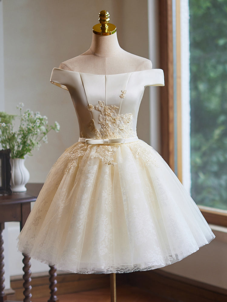 Lovely Knee Length Tulle Party Dress, Champagne Off The Shoulder Homecoming Dress US 14 / Champagne Lovely Knee Length Tulle Party Dress, Champagne Off The Shoulder Homecoming Dress US 14 / Champagne
