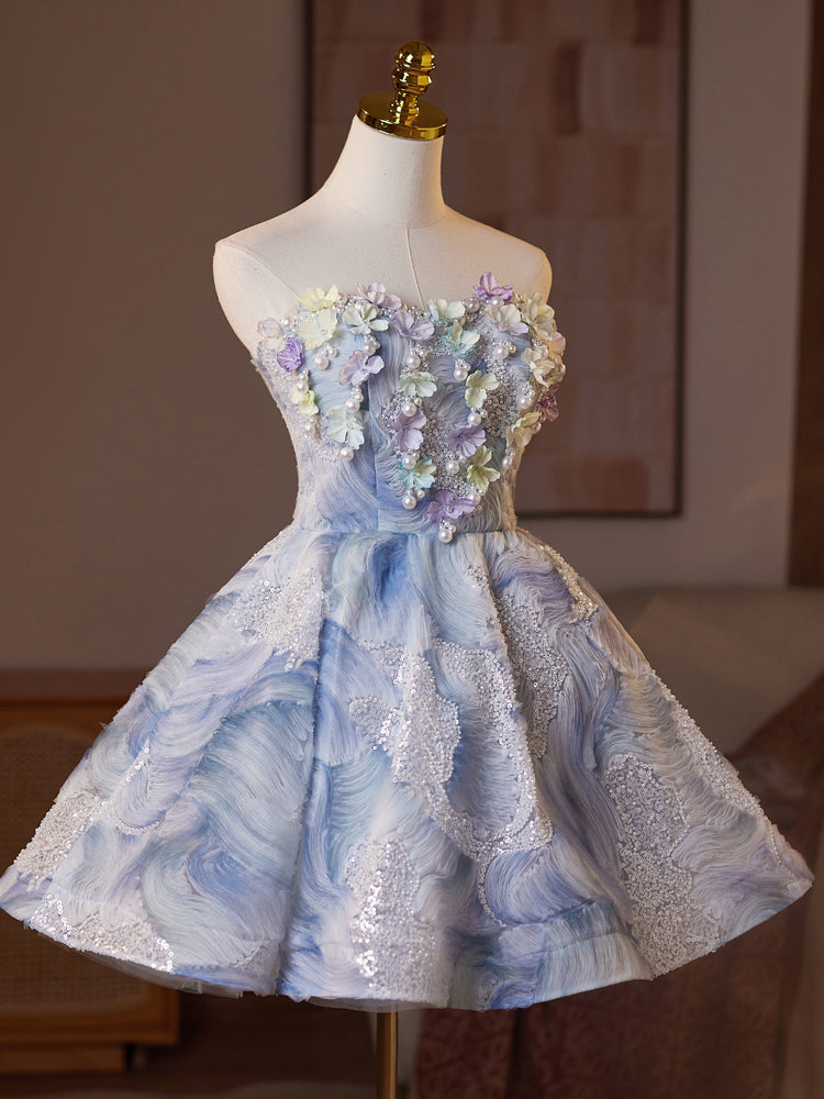 A-Line Sweetheart Neck Flower Blue Short Prom Dress, Blue Homecoming D shopluu A-Line Sweetheart Neck Flower Blue Short Prom Dress, Blue Homecoming D shopluu