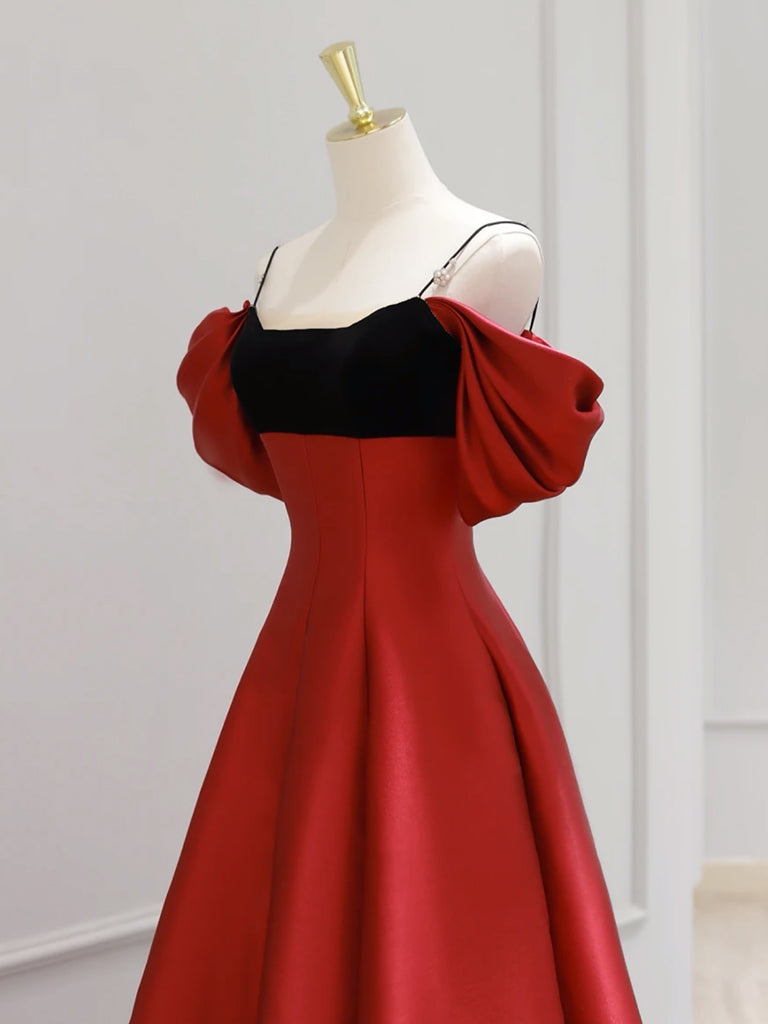 Burgundy Satin and Black Velvet Long Prom Dress, A-Line Spaghetti Strap Evening Party Dress US 16 / Custom Color Burgundy Satin and Black Velvet Long Prom Dress, A-Line Spaghetti Strap Evening Party Dress US 16 / Custom Color