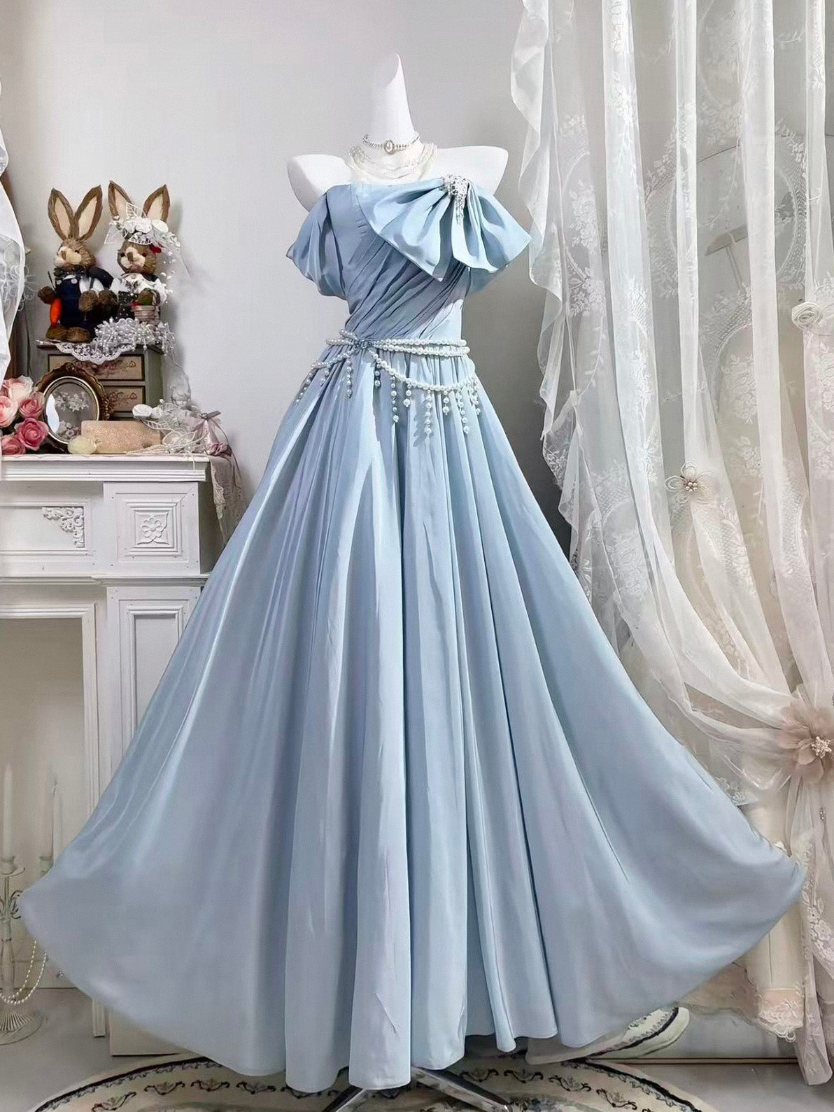 A-line Off Shoulder Satin Floor Length Prom Dress with Beads