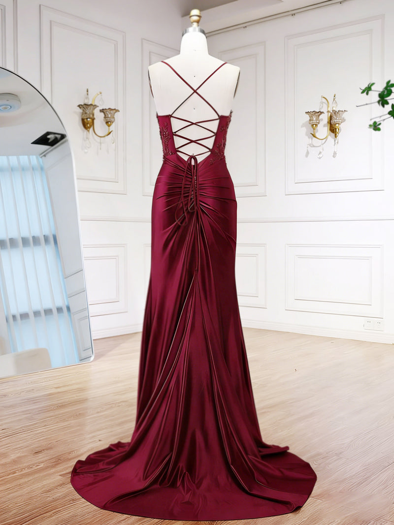 Mermaid Sweetheart Neck Satin Burgundy Long Prom Dress with Lace Appli – shopluu