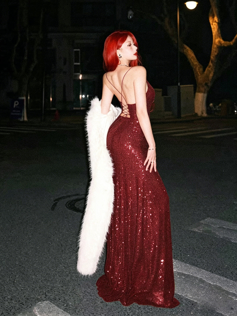 Mermaid V Neck Sequin Burgundy Long Prom Dress, Burgundy Party Dress shopluu Mermaid V Neck Sequin Burgundy Long Prom Dress, Burgundy Party Dress shopluu