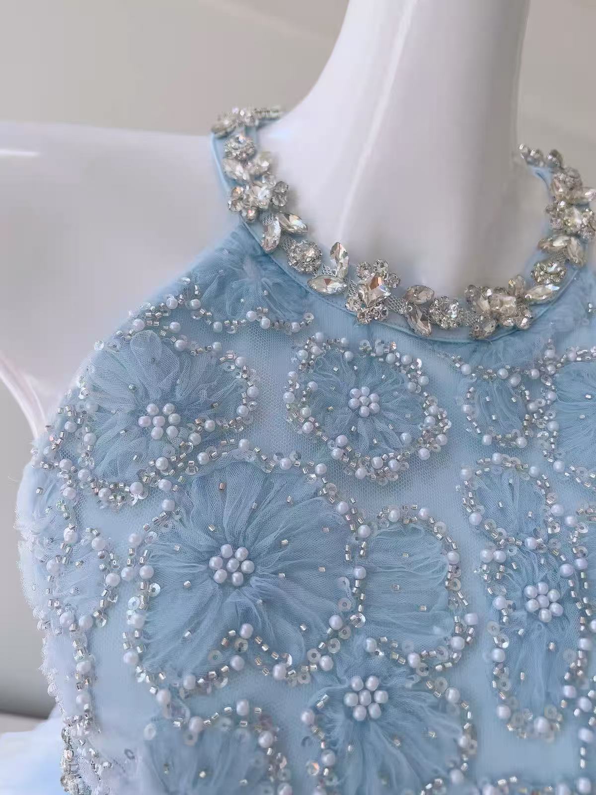 Light Blue Beaded Prom Dress with Tiered Tulle Prom Dress