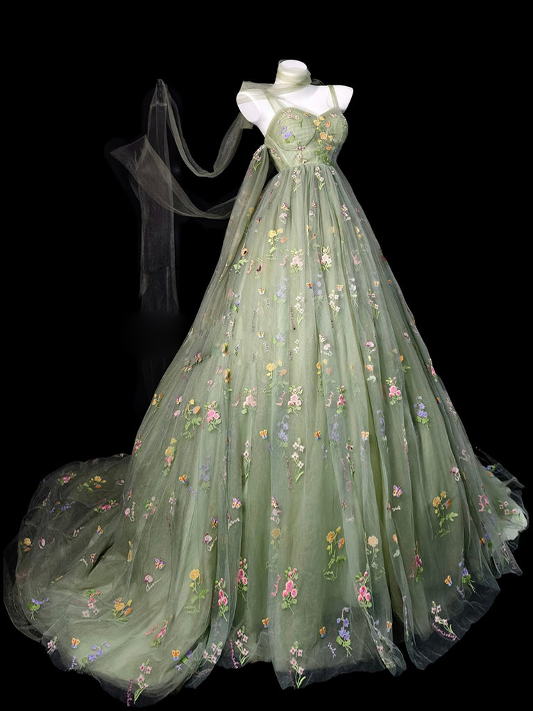 Sweetheart Tulle Lace A-line Sweep Train Green Long Prom Dress