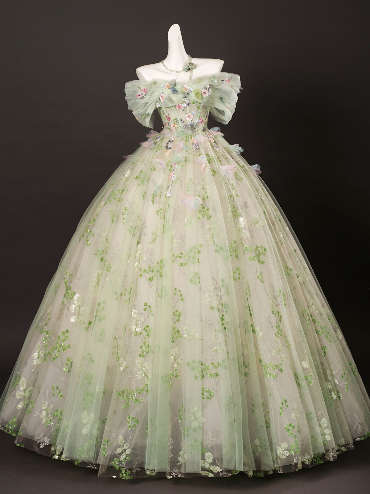 A-Line Off Shoulder Tulle Lace Green Long Prom Dress, Green Long Sweet 16 Dress
