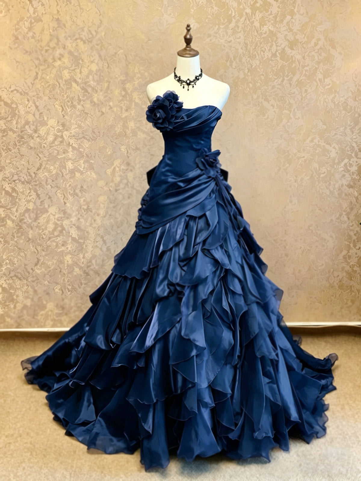 A-Line Sweetheart Ruffles Taffeta Dark Blue Long Prom Dress with Flower