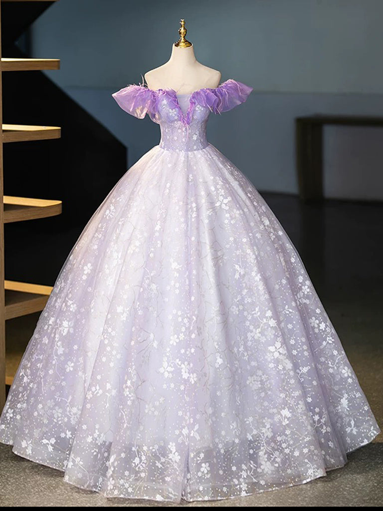 A-Line Off Shoulder Tulle Lace Purple Long Prom Dress, Purple Long Formal Dress US 12 / Purple A-Line Off Shoulder Tulle Lace Purple Long Prom Dress, Purple Long Formal Dress US 12 / Purple
