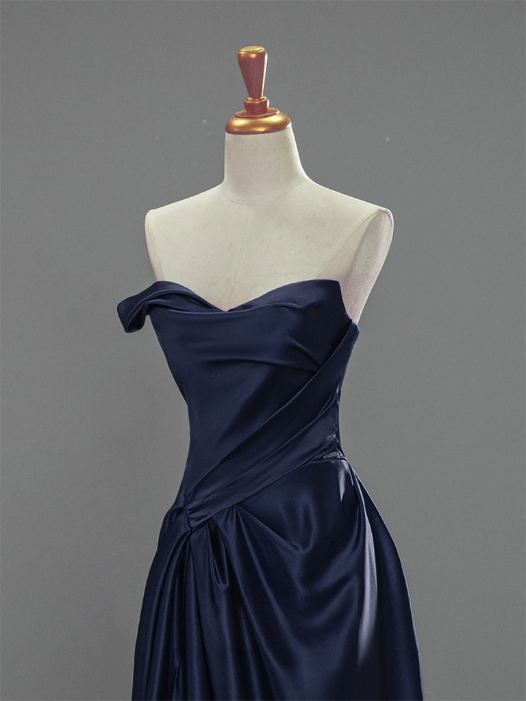 A-Line V Neck Satin Dark Blue Long Prom Dress, Dark Blue Long Formal Dress