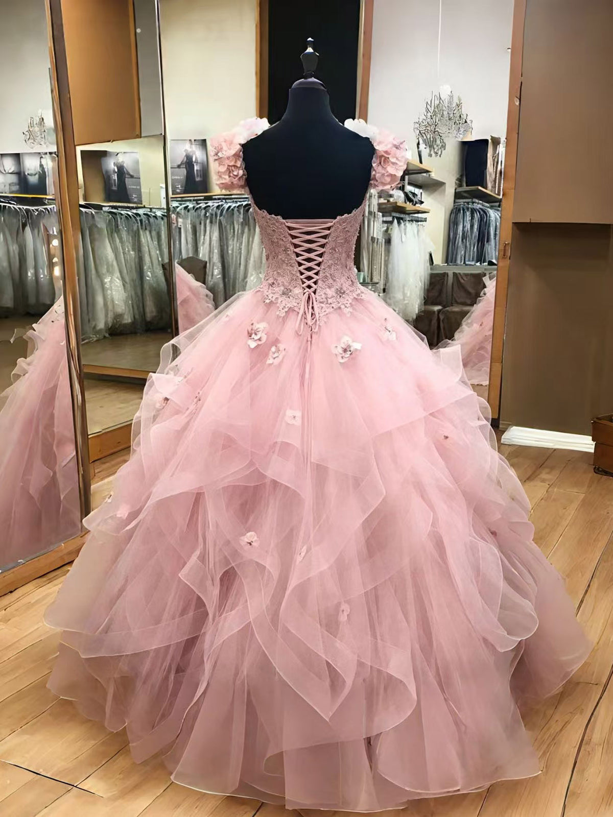 Sweetheart A-line Tulle Lace Pink Long Prom Gown, Pink Sweet 16 Dress
