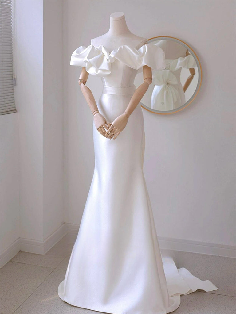 White Satin Long Prom Dress, Elegant A-Line Off the Shoulder Party Dress US 16 / White White Satin Long Prom Dress, Elegant A-Line Off the Shoulder Party Dress US 16 / White
