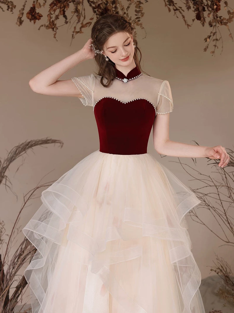 red and champagne prom dress DreamDress By PMN A-Line Red And Champagne Tulle Wedding Dress Gown Front Red Floral Embellishment Sleeveless