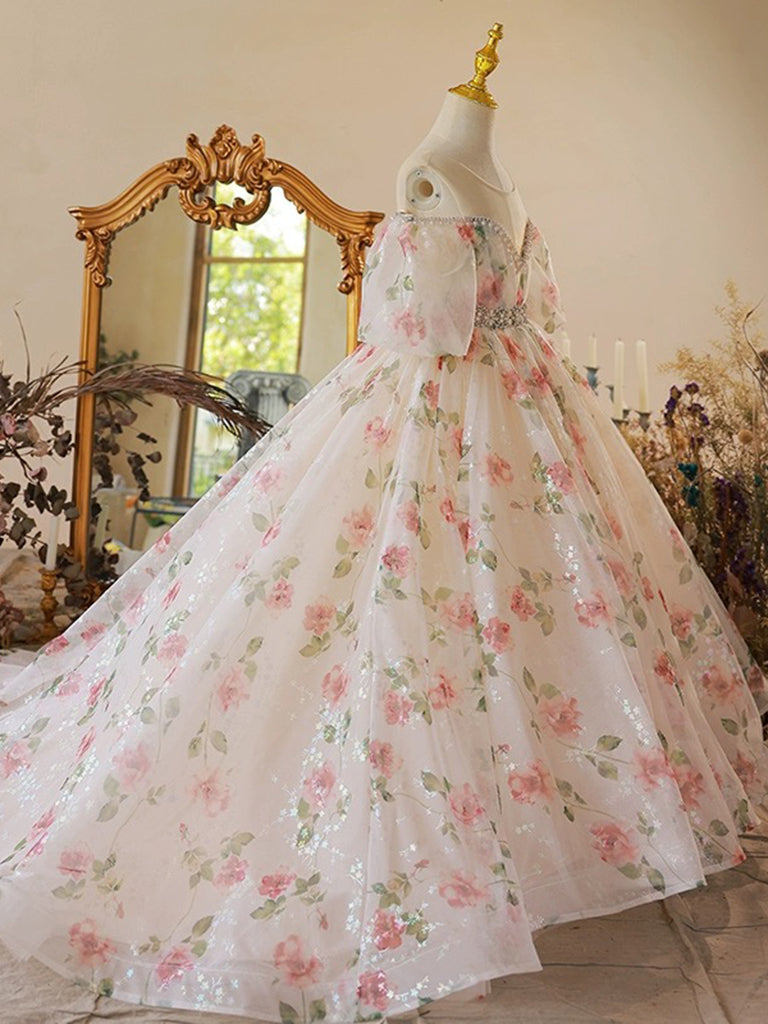A-Line Off Shoulder Tulle Lace Champagne Long Flower Girl Dress