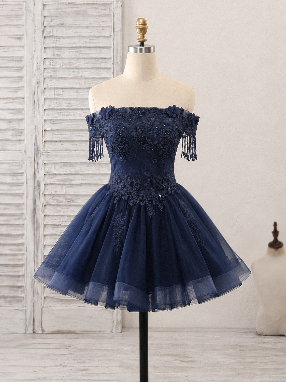 Cute Off Shoulder Tulle Lace Dark Blue Short Homecoming Dress with Beads