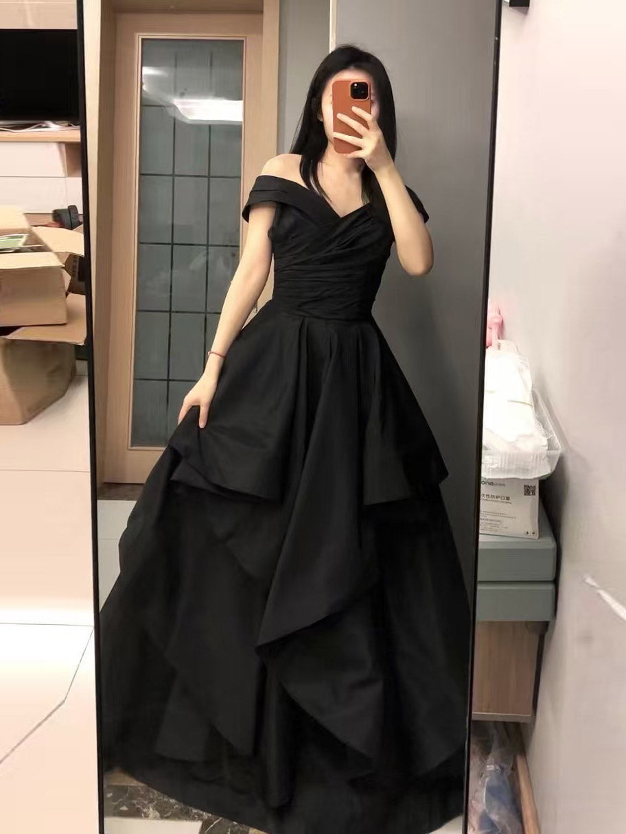 A-line V Neck Satin Floor Length Black Prom Dress, Black Formal Dress