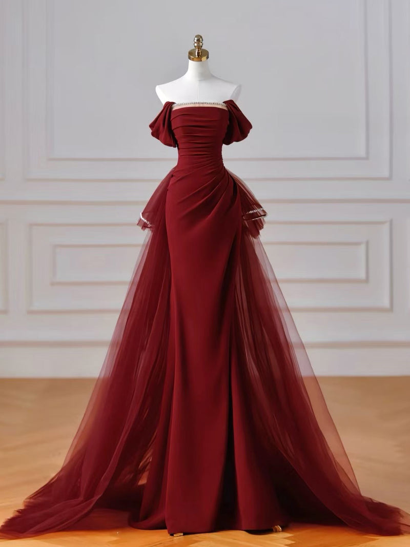 Unique Off Shoulder Tulle Satin Burgundy Long Prom Dress with Beads – shopluu