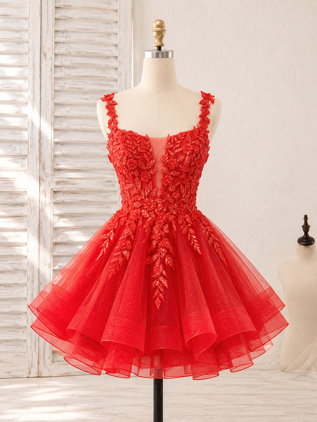 A-line V Neck Tulle Red Short Prom Dress with Sequin Lace
