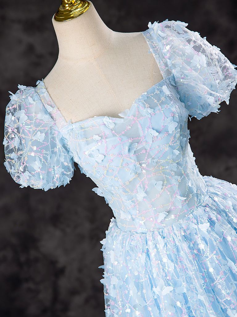 A-Line Puff Sleeves Tulle Lace Blue Short Prom Dress, Blue Homecoming Dress US 4 / Blue A-Line Puff Sleeves Tulle Lace Blue Short Prom Dress, Blue Homecoming Dress US 4 / Blue