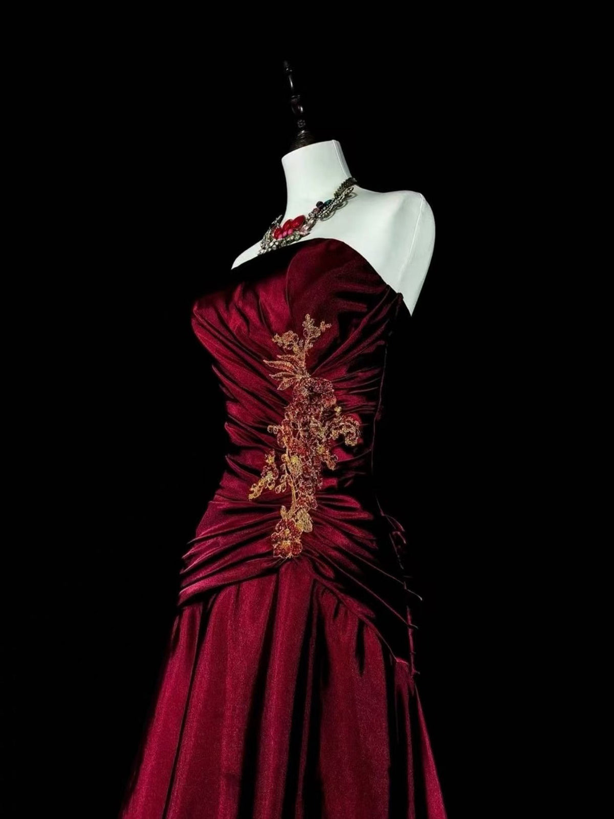 A-line Satin Lace Applique Burgundy Long Prom Dress