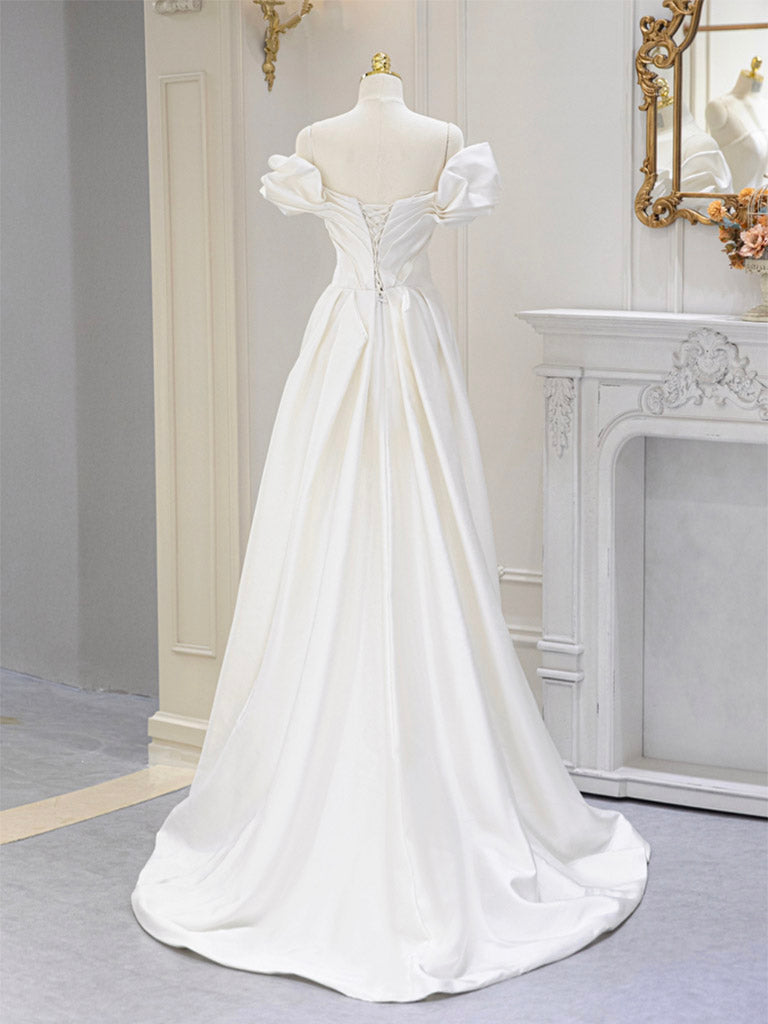 A-Line Off Shoulder Satin ivory Long Prom Dress, Ivory Long Bridesmaid Dress