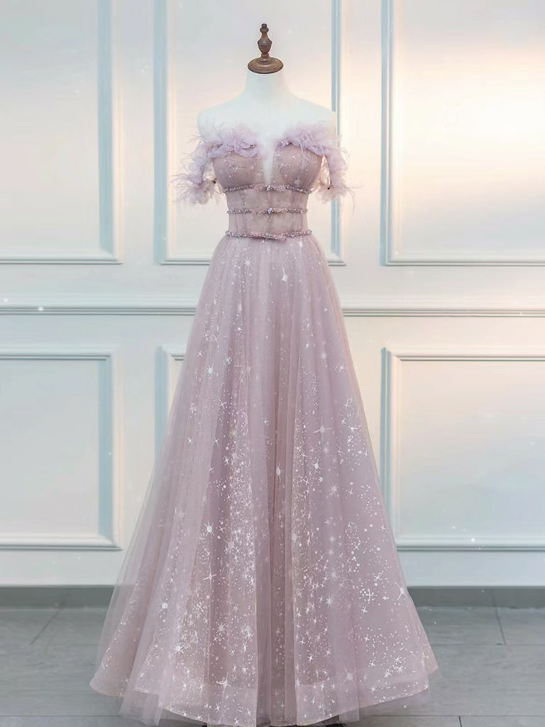 A-Line Off Shoulder Tulle Pink Long Prom Dress, Pink Graduation Dress with Beads Custom Size / Pink A-Line Off Shoulder Tulle Pink Long Prom Dress, Pink Graduation Dress with Beads Custom Size / Pink