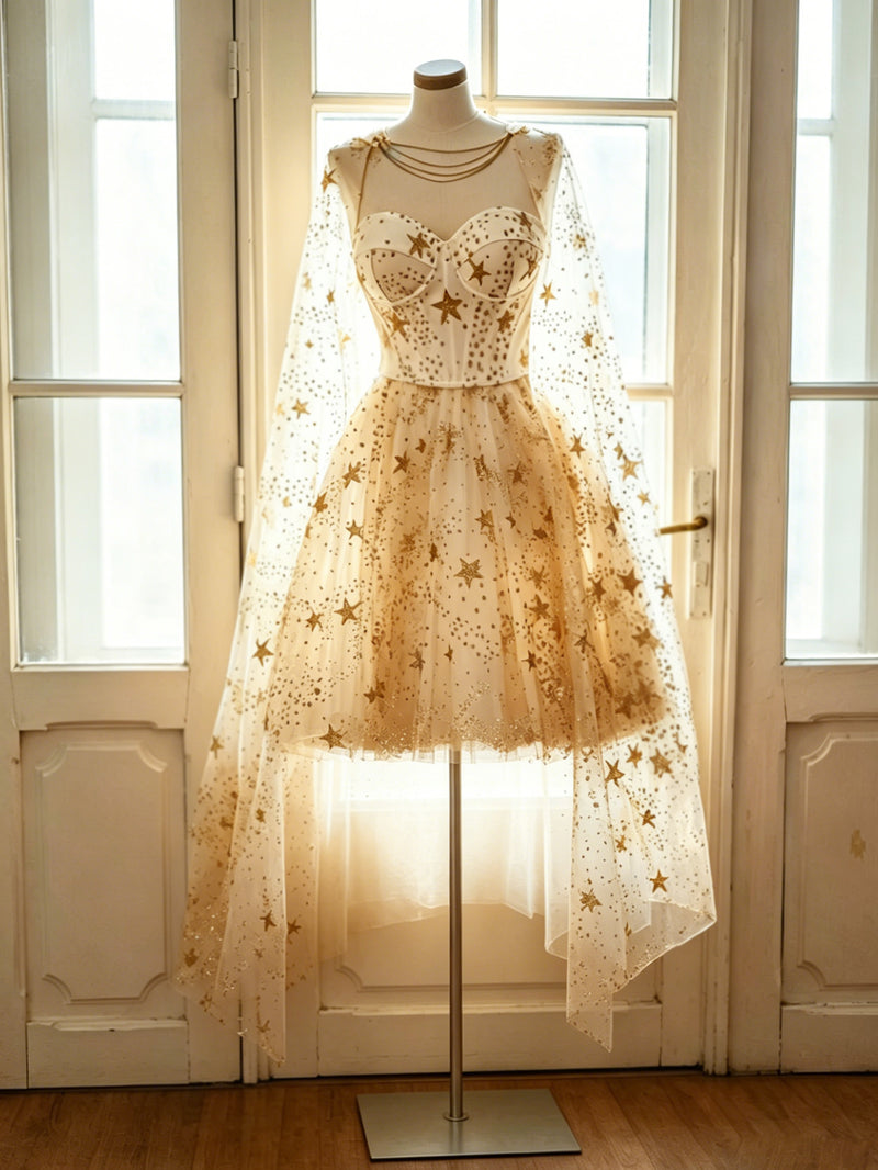A-Line Sweetheart Neck Tulle Lace Champagne Short Prom Dress