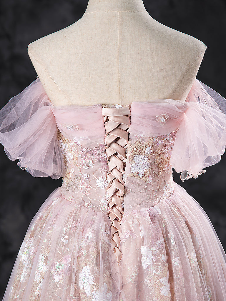 A-Line Off Shoulder Tulle Lace Pink Long Prom Dress, Lace Formal Dress