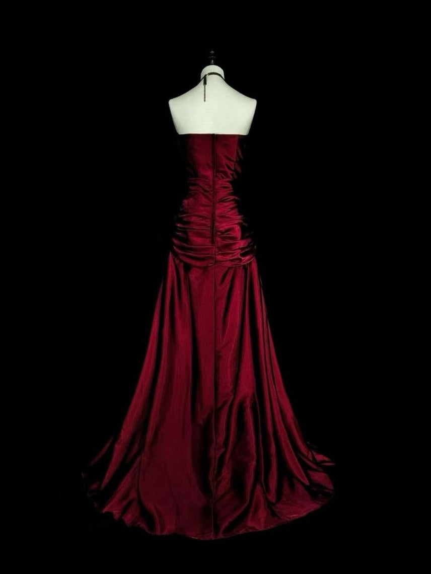 A-line Satin Lace Applique Burgundy Long Prom Dress