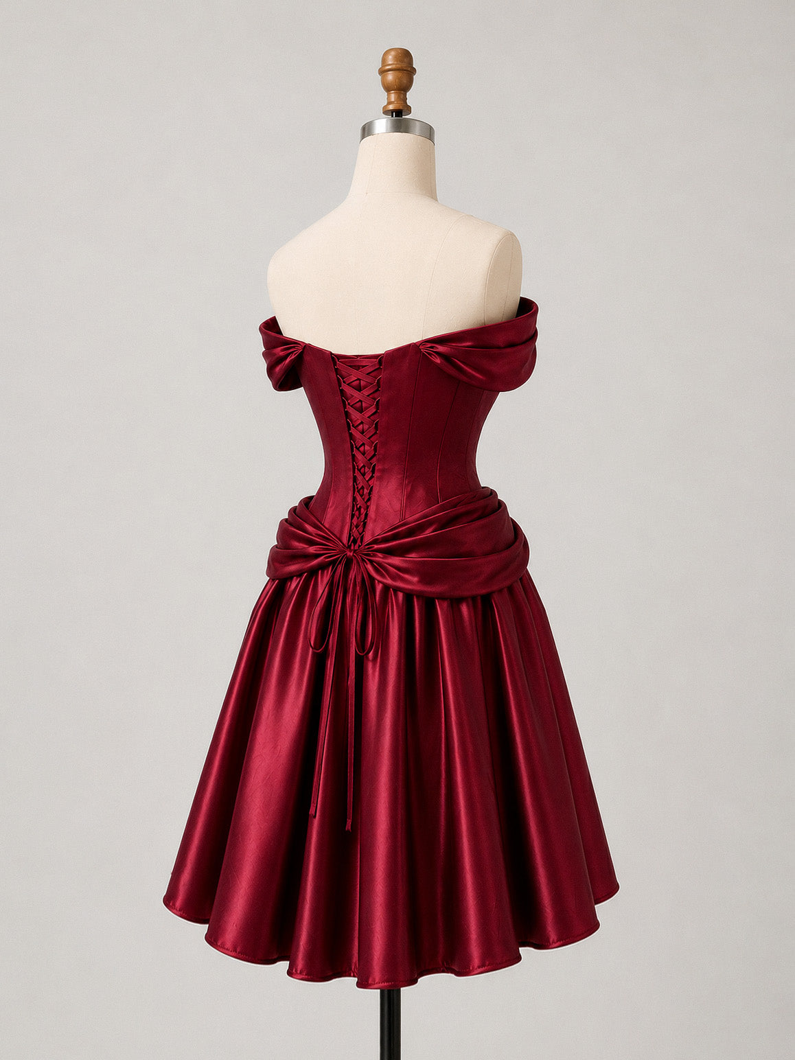 A-line Sweetheart Neck Off Shoulder Satin Burgundy Prom Dress