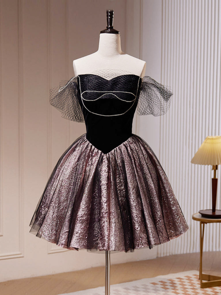 Black Off Shoulder Tulle Short Prom Dress, Black Homecoming Dress US 12 / Black Black Off Shoulder Tulle Short Prom Dress, Black Homecoming Dress US 12 / Black