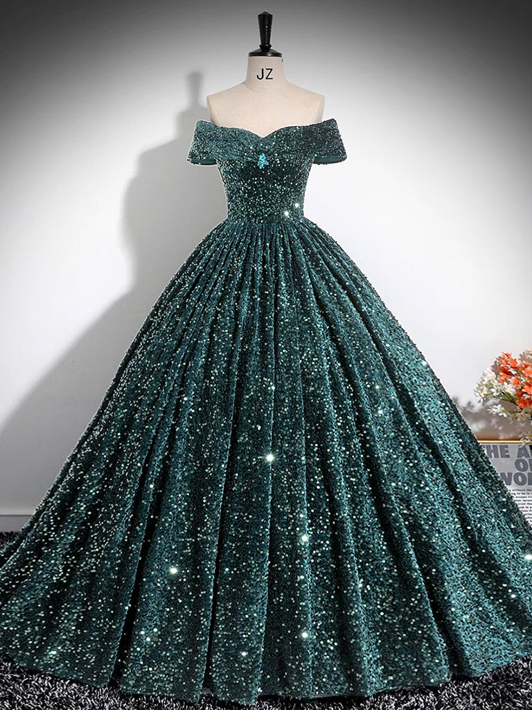 Dark Green Sequins Long Formal Dress, Elegant Off The Shoulder Party Dress US 4 / Green Dark Green Sequins Long Formal Dress, Elegant Off The Shoulder Party Dress US 4 / Green